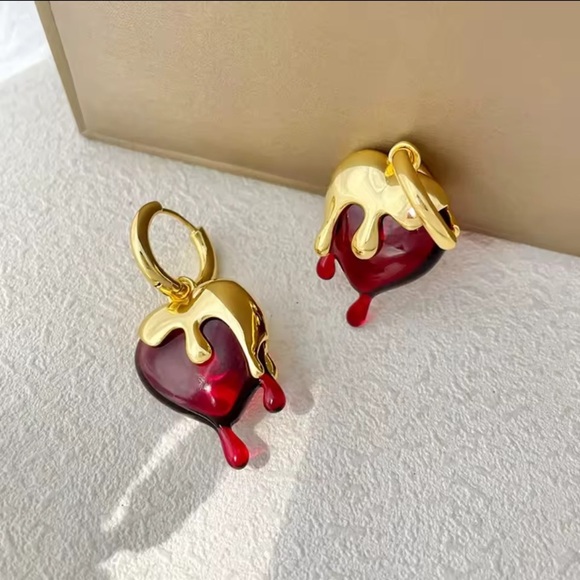 Anthropologie Jewelry - Red Dripping Heart Hoop Earrings 
Gold Resin Statement Jewelry stylish
